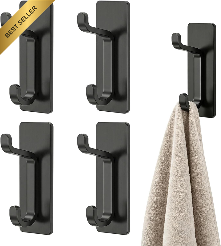 Wall Hooks Adhesive Heavy Duty 6KG/13LB - 4 Pack Black Stick on Hooks No Damage