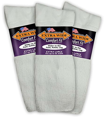 Extra Wide Athletic Socks, Size 16-21 Up to 6E Stretch 3-Pack WHITE Made in USA