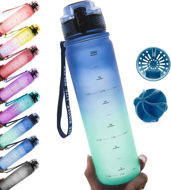 24 Oz Water Bottle with Time Marker - Insulated Measured Water Tracker Screen -