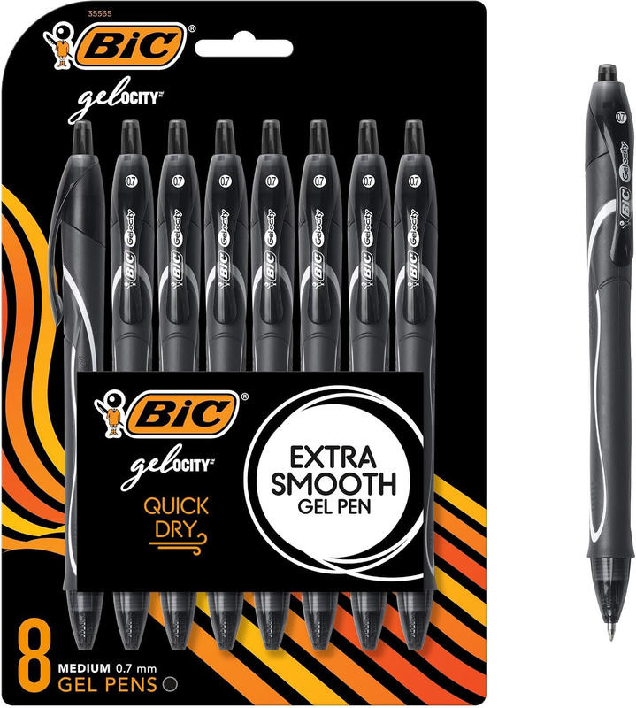 BIC Gelocity Quick Dry Black Gel Pens, Medium Point, 0.7Mm, 8-Count Pack