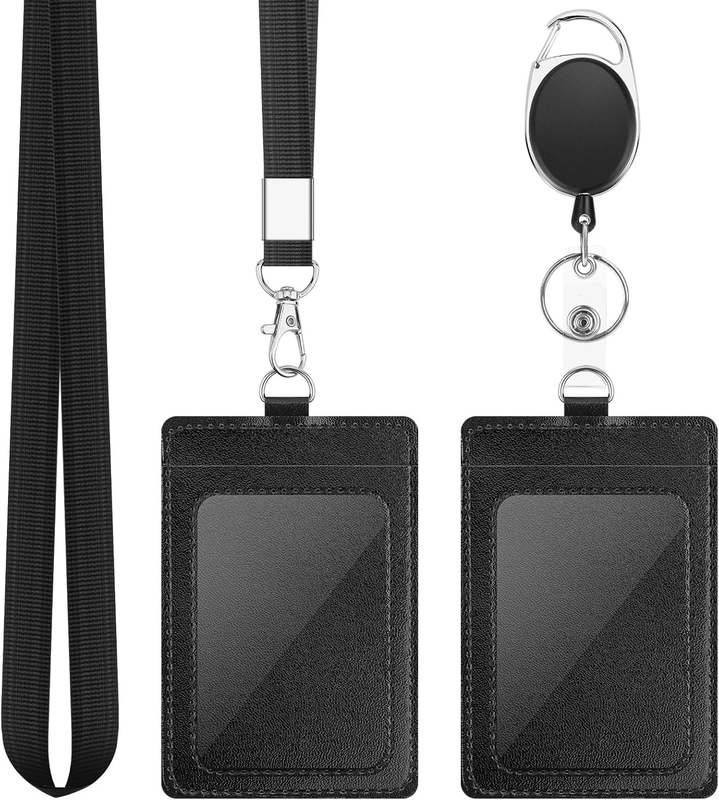 2 Pack Badge Holders, Vertical PU Leather ID Badge Card Holder with 1 Clear ID W