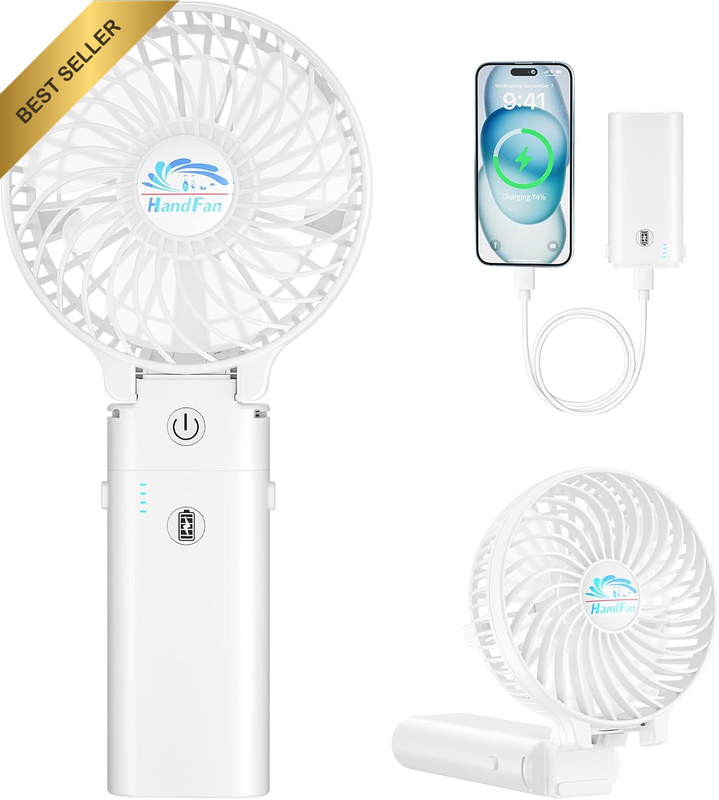 5200mAh Handheld Fan 180° Foldable 3-Speed Power Bank Rechargeable White