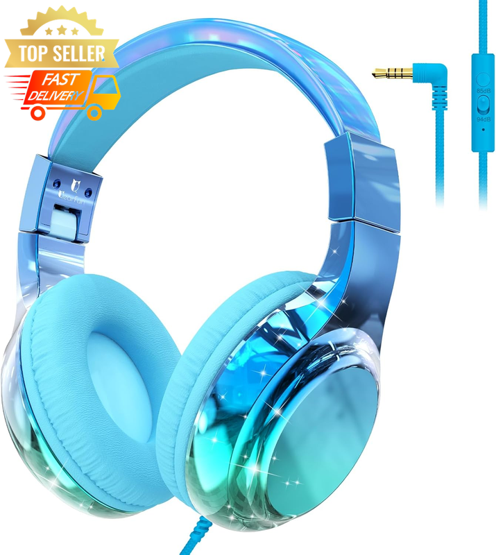 Kids Wired Headphones with Mic, 85dB Limit, Foldable, Tangle-Free, On-Ear
