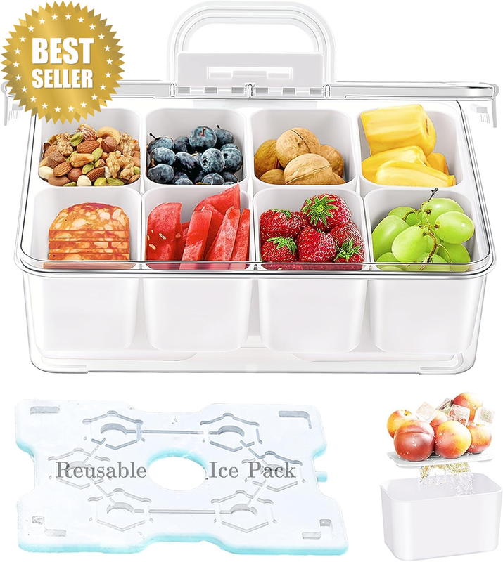 Snackle Box Container with Ice Pack-Divided Serving Tray with Lid and Handle 8 C