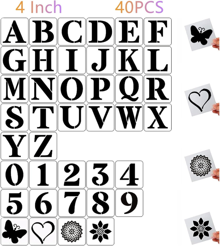 4 Inch Letter Stencils and Numbers,40 Pcs Reusable Plastic Large Alphabet Art Craft Stencils for Painting on Wood, Wall, Fabric, Rock, Chalkboard,Signs, DIY Art Projects