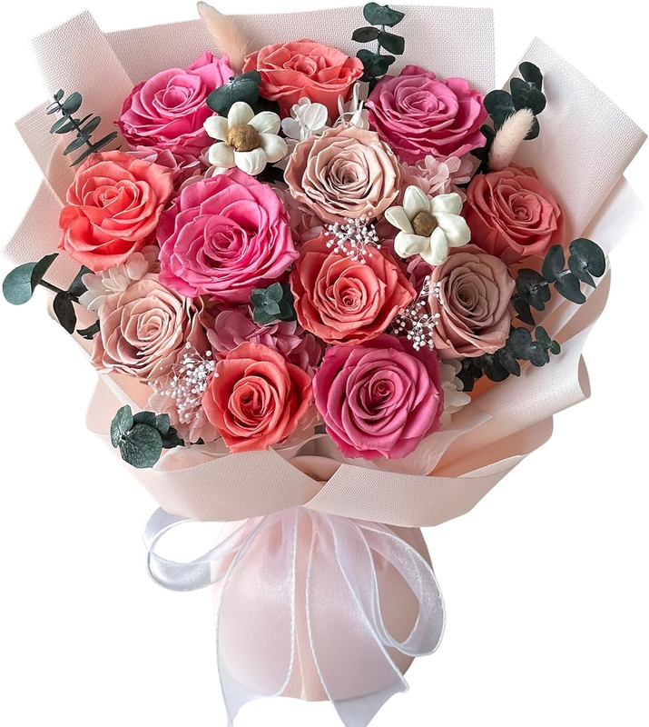 Preserved Pink Roses and Flowers Bouquet - 12 Eternal Roses, Gift Box Includes C