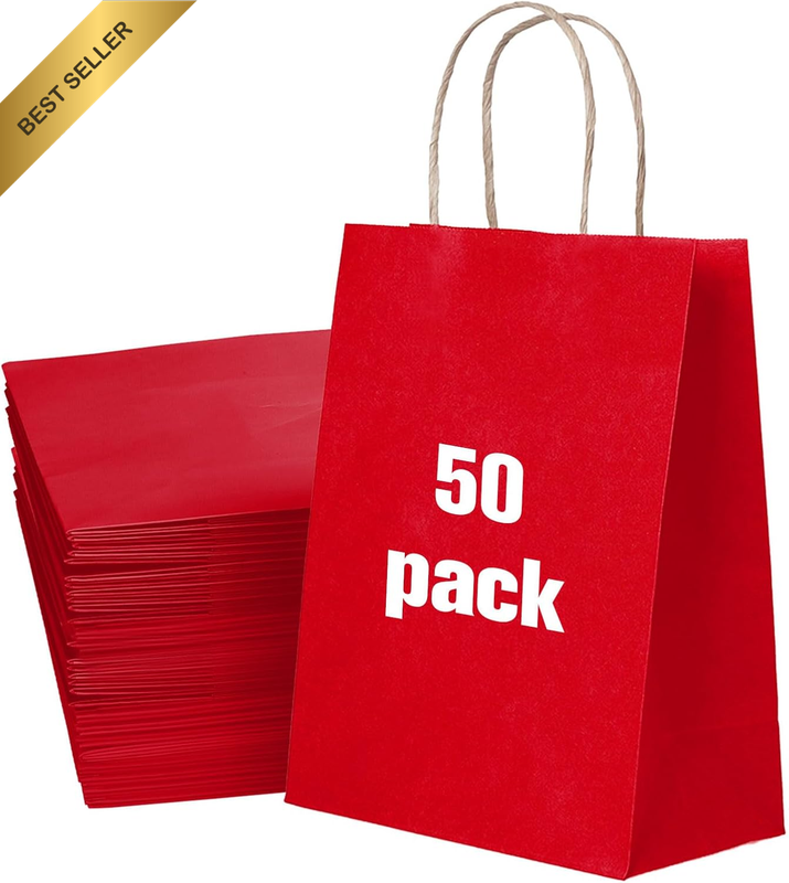 50PK Small Red Kraft Paper Gift Bags w/ Handles 15x8x21cm 5.9x3.1x8.3