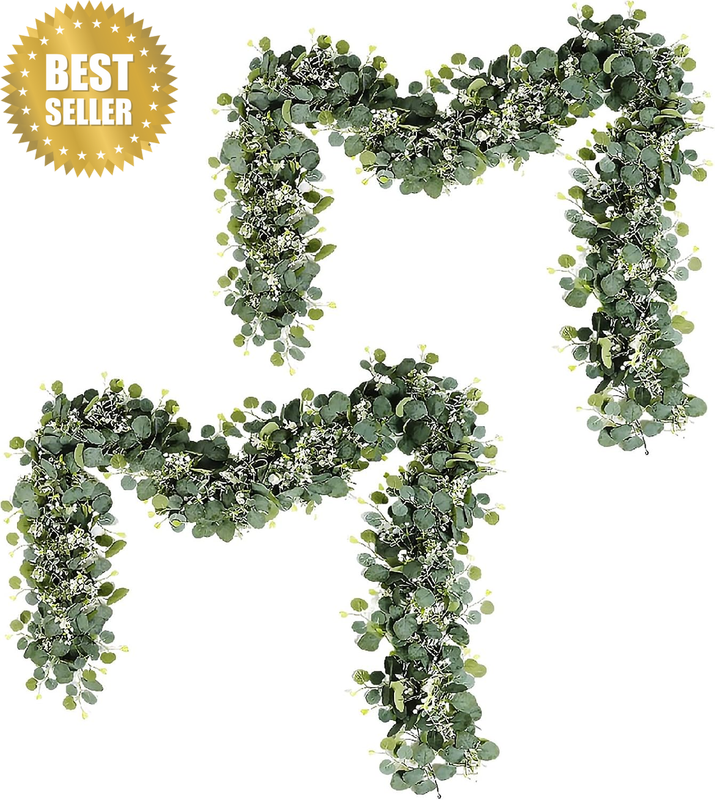 Eucalyptus Garland with White Flowers 180Cm | 2 Pcs Artificial Eucalyptus Gypsop