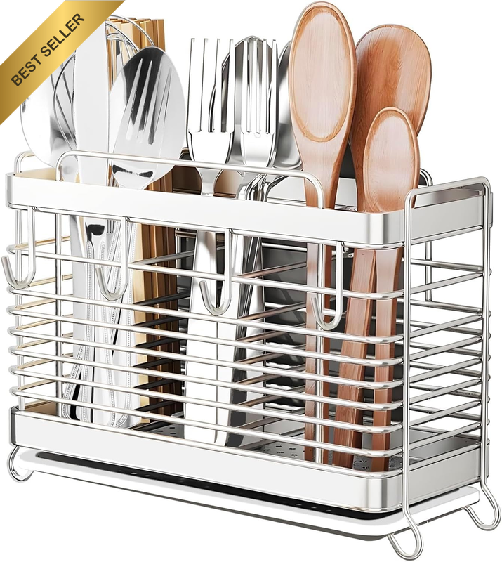 Utensil Holder, Stainless Steel Utensil Drying Rack with Drain Tray, Kitchen Ute