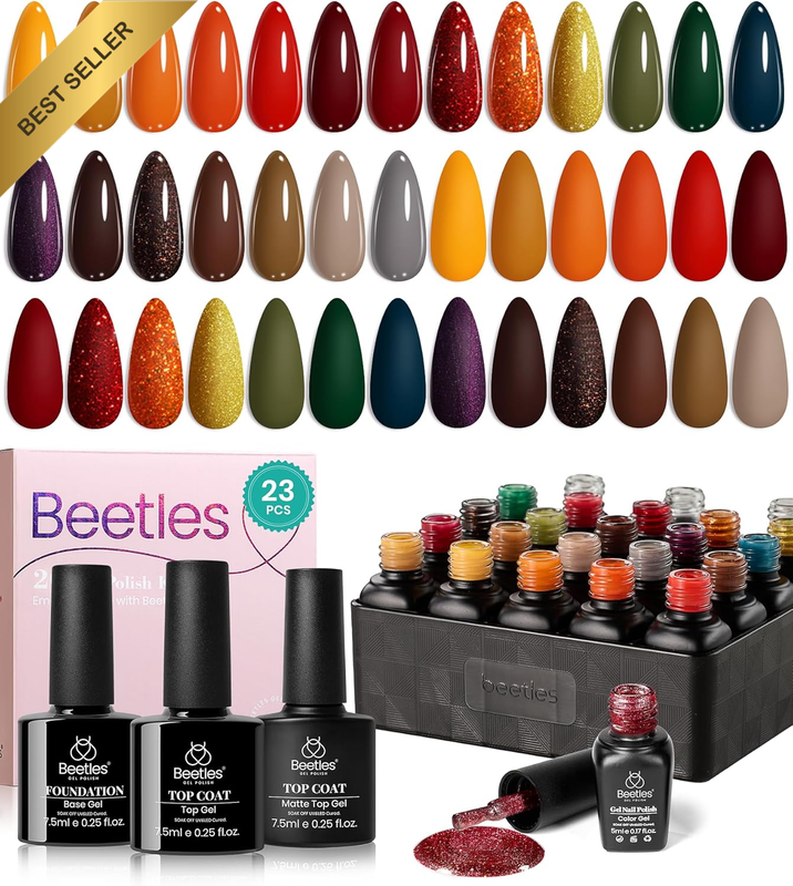 Beetles 20 Pcs Gel Nail Polish Kit-Cozy Campfire Collection Fall Winter Orange Y