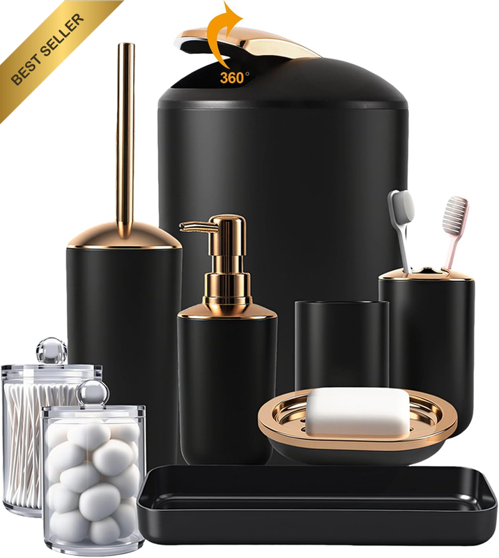 9-Piece Black Bathroom Accessories Set - Trash Can, Soap Dispenser Set, Soap Dis