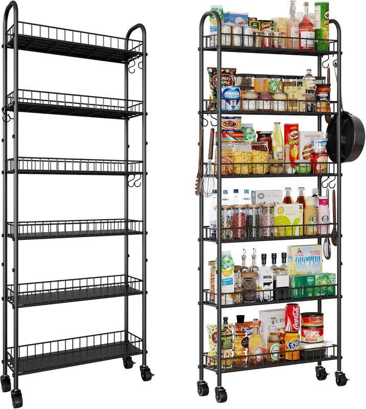Slim 6-Tier Rolling Storage Cart on Wheels - Perfect for Small Spaces, Black