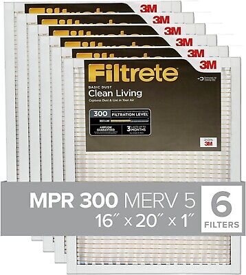 Filtrete 16x20x1 6 Pack Air Filter MPR 300 MERV 5 Clean Living Basic Dust