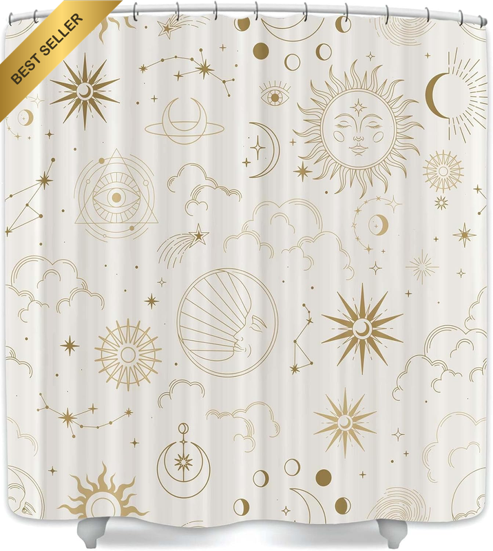 Boho Sun Moon Phase Astrology Shower Curtain 71x71 Beige Gothic