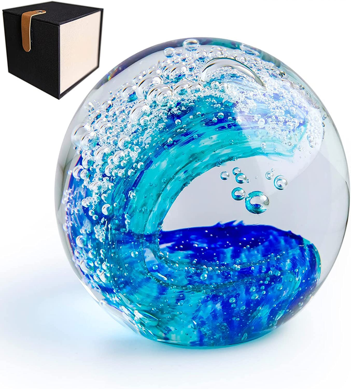 Hand Blown Ocean Wave Glass Paperweight(Present a Gift Box) Art Glass Crystal Fi