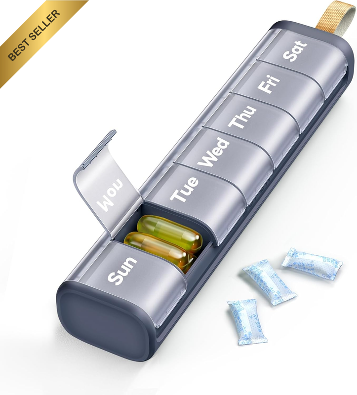 Weekly Pill Organizer, 7 Day Pill Box with Moisture-Proof Desiccant Chamber, Com