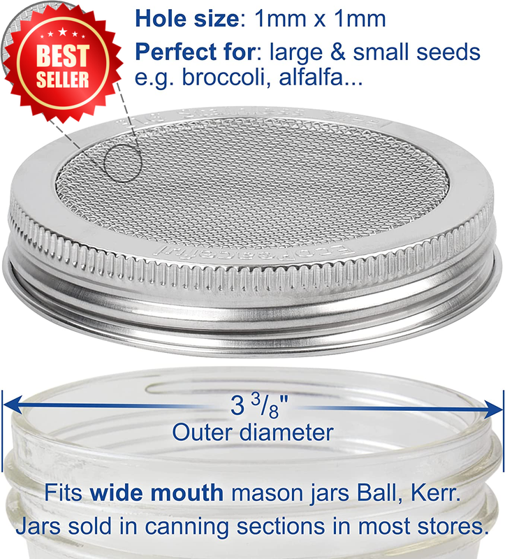 2 Pack ONE-PIECE 316 Stainless Steel Sprouting Lids Wide Mouth Mason Jar US