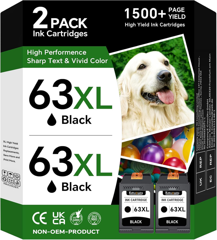 Printer Ink 63XL Black for HP 63 Ink Cartridges |2 Pack 63 XL High Yield Replace