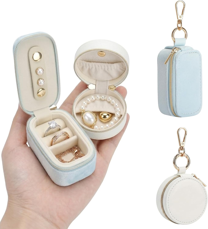 2 Pcs Mini Travel Jewelry Case Keychain, Small Jewelry Box with Ring Holder Keyc