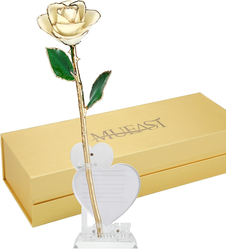 Valentines Day Gifts for Her Gold Dipped Rose Valentines Gifts for Mom Birthday Gifts for Women(White Rose with Stand)