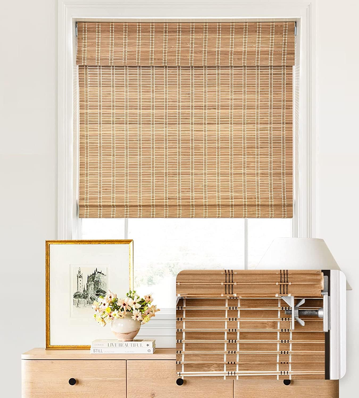 No Tools No Drill Cordless Bamboo Roman Shades, Light Filtering Window Treatment, Roll up Bamboo Blinds for Window 21'' W X 64'' H, Brown