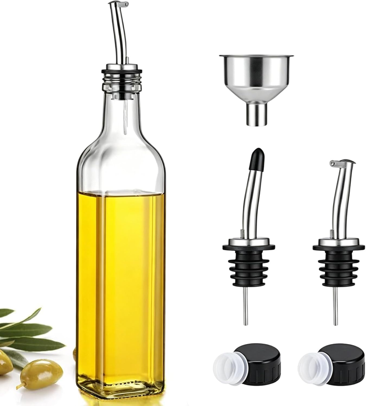 17Oz Olive Oil Dispenser, 500Ml Oil Bottle with 2 Stainless Steel Pourers, 2 Lid