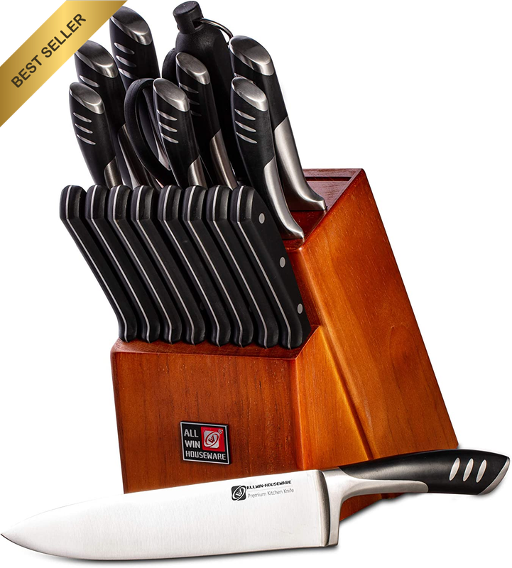 Premium 19-Pc German High Carbon Steel Kitchen Knives Set Rubber Wood Block