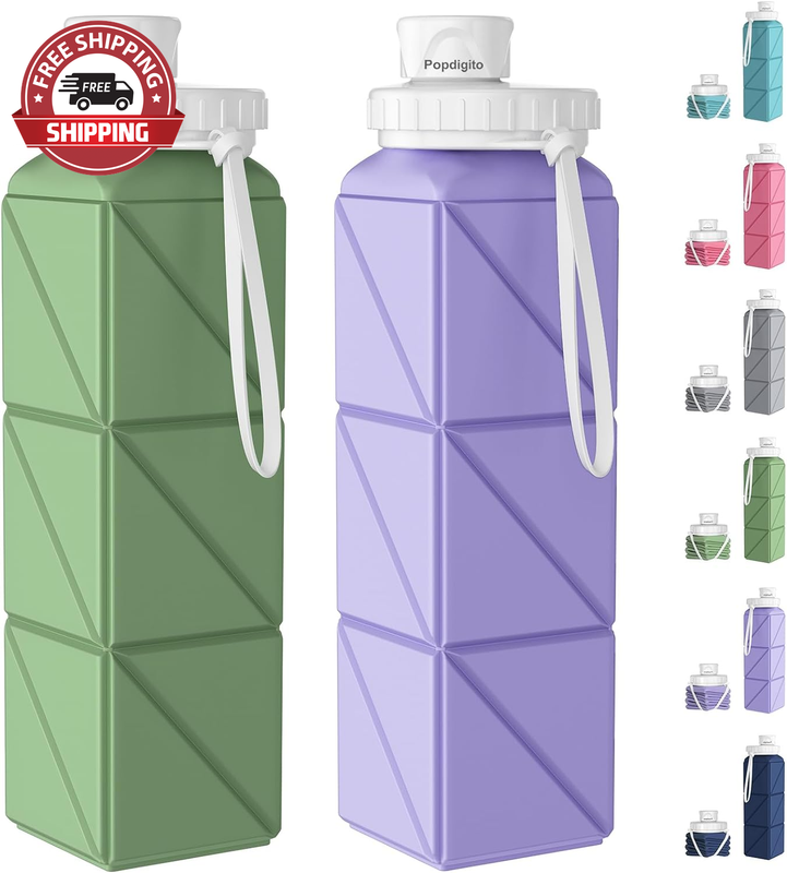 2 Pack Collapsible Water Bottles Leakproof Lid &ndash;Food-Grade Bpa-Free Silicone Tra