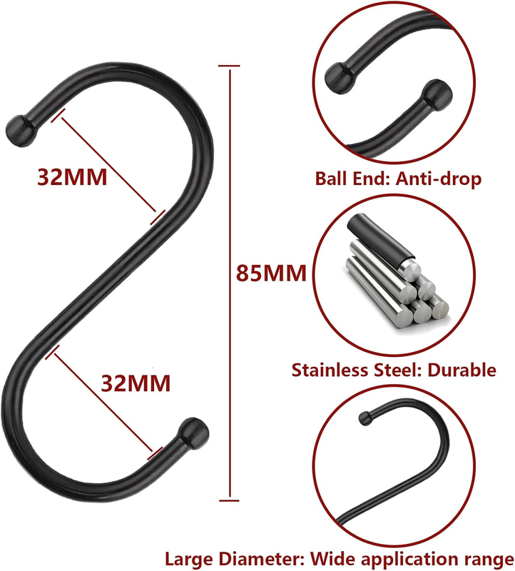 S Hooks Pack of 20 Black, S Hooks for Hanging Pots and Pans, Plants, Towels in K