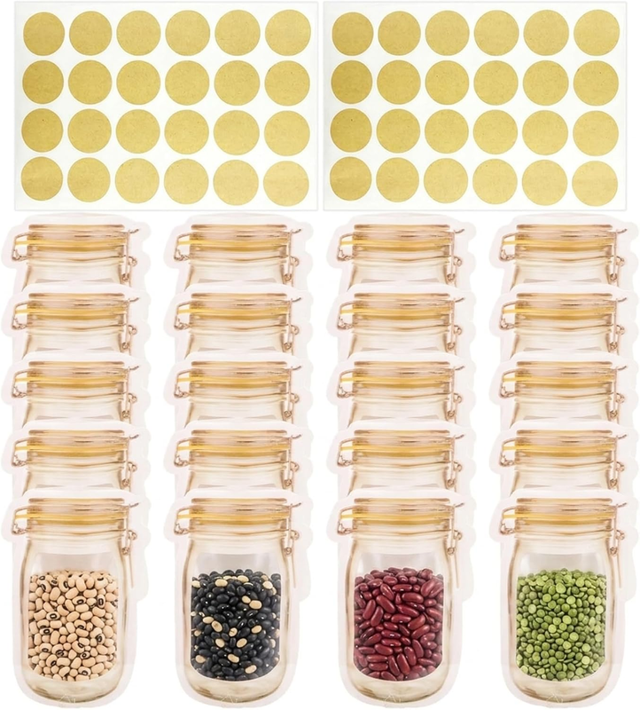 Spice Storage Bags - 20 PCS Small Mason Jars Bags, with 48 Labels, BPA Free Food
