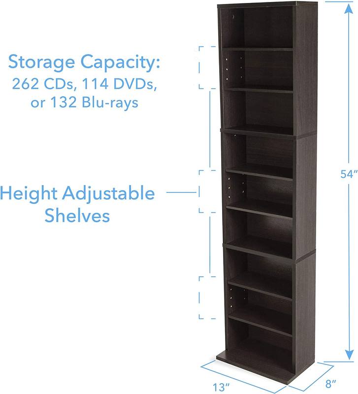 Adjustable Espresso Media Cabinet CD DVD Book Case Storage Shelf Rack Wood Tower