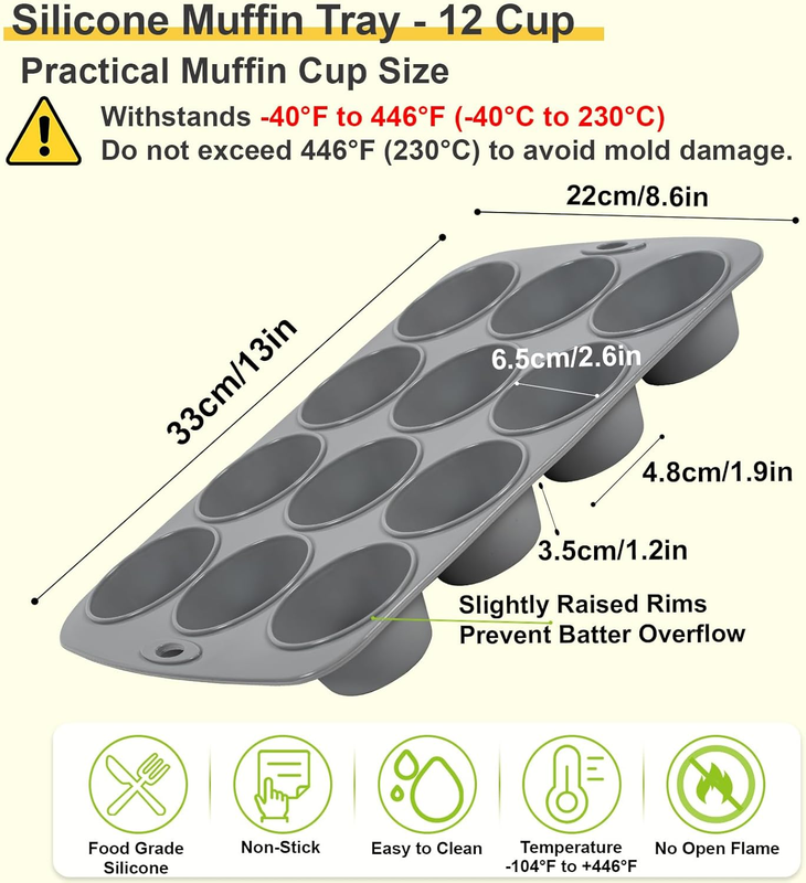 2 Pack Silicone Muffin Tray, 2.5in Nonstick Muffin Pans-12 Cup, Baking Molds for