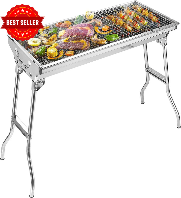 Charcoal Grill, Stainless Steel BBQ Grill with Stand, Foldable and Portable Char