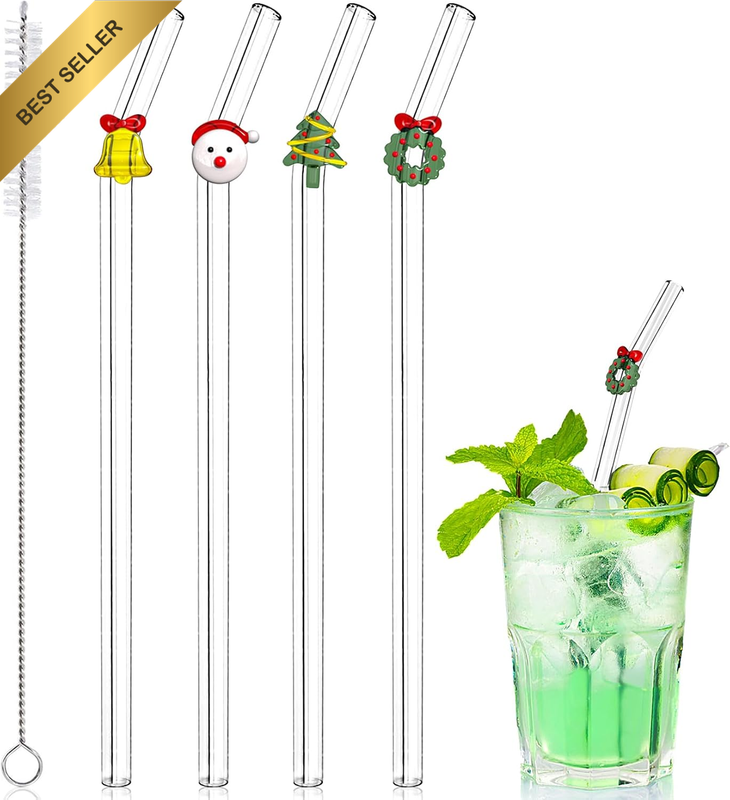 4Pcs Glass Straws Charms Christmas Decor Shatter-Resistant w/2 Brushes