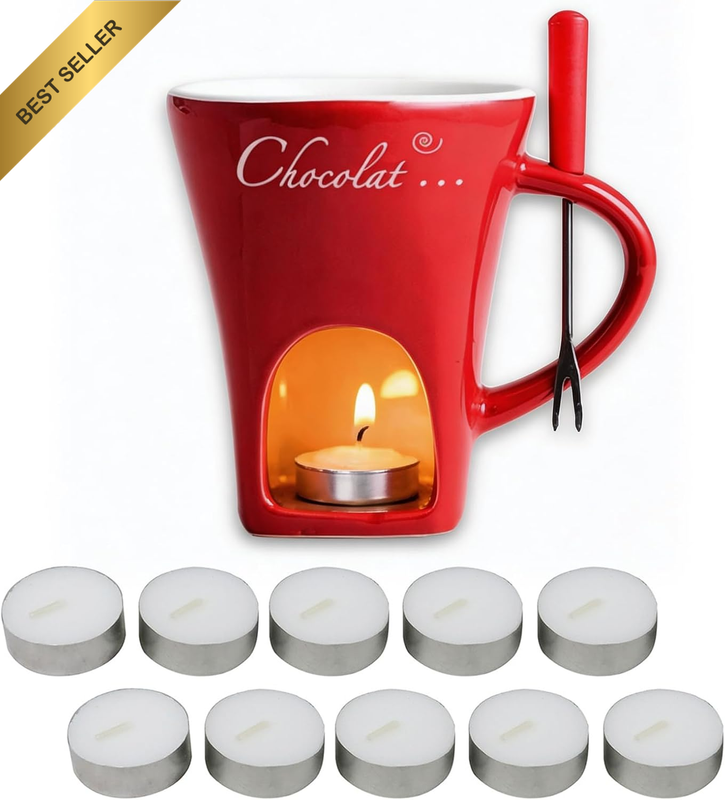 Chocolate Fondue Mug Set with 1 Forks & 10 Candles-Mini Melting Pot for Candy,Ch