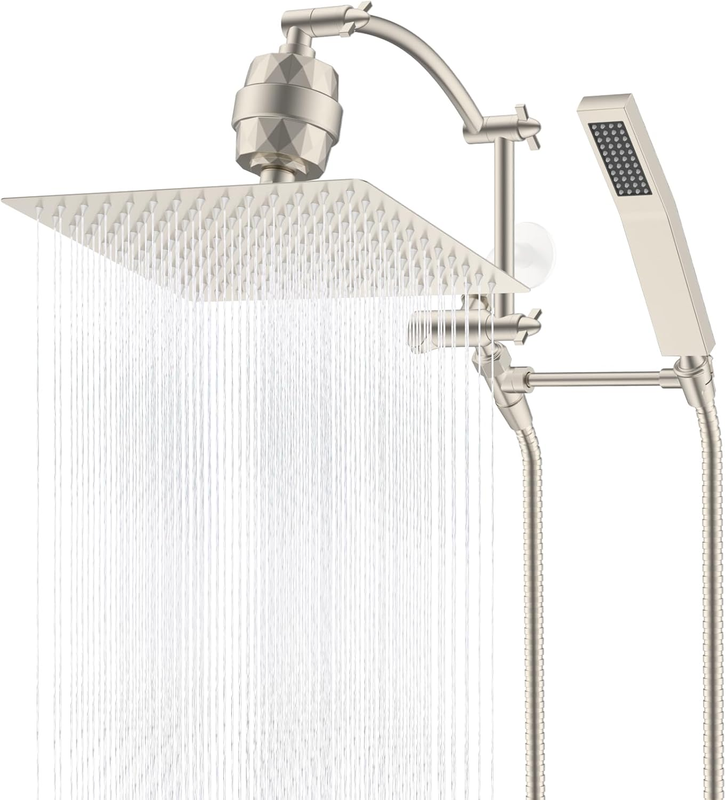 Metal 12'' Filtered Rainfall Shower Head with Handheld Combo, High Pressure Shower Wand, 16'' Adjustable Arc Extension Arm, 20 Stage Shower Filter, 71'' Hose, 2 Shower Holders, Brushed Nickel