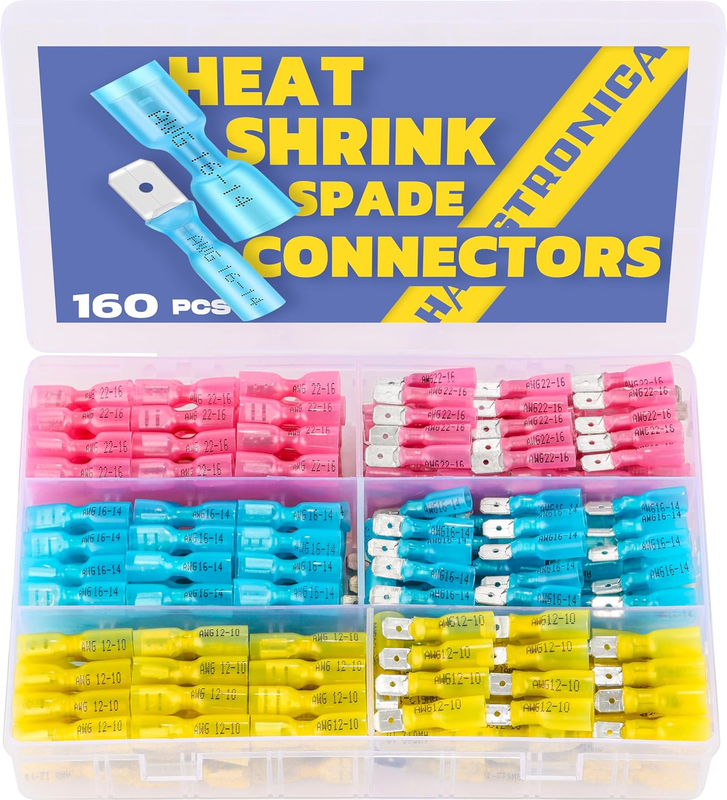 160Pcs Heat Shrink Spade Connectors,Awg 22-10 Female and Male Wire Connectors,Qu