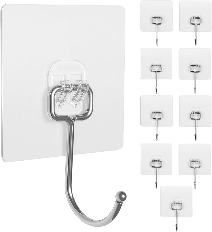 Adhesive Wall Hooks 10-Pack 60Lb Heavy Duty - Waterproof Rustproof Sticky Hooks,