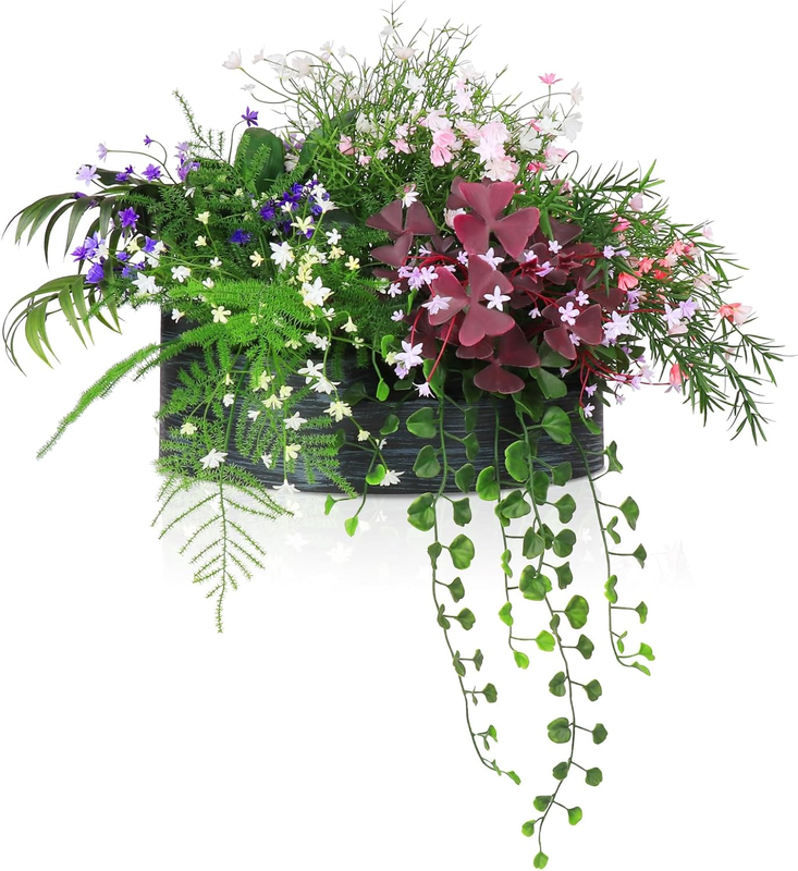 6 in 1 Artificial Plants & Flowers, Potted Fake Asparagus Oxalis Babybreath Grass Plant for Home Decor Indoor Outdoor, Office Greenery Tabletop Centerpieces