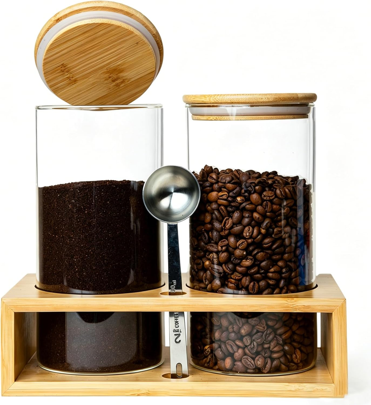 Glass Coffee Canister Set 2 Pack 49 oz Airtight Bamboo Lid Shelf Scoop Bean Jar