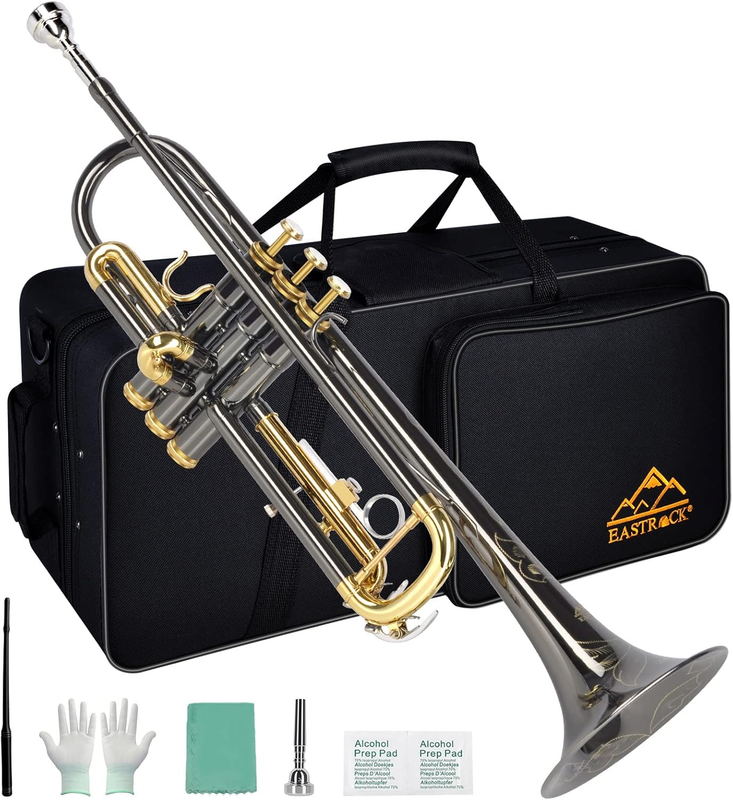 Bb Trumpet Standard Trumpet Set with Carrying Case,Gloves, 7C Mouthpiece, Cleaning Kit, Tuning Rod, Black Nickel,Hand Carved Craft