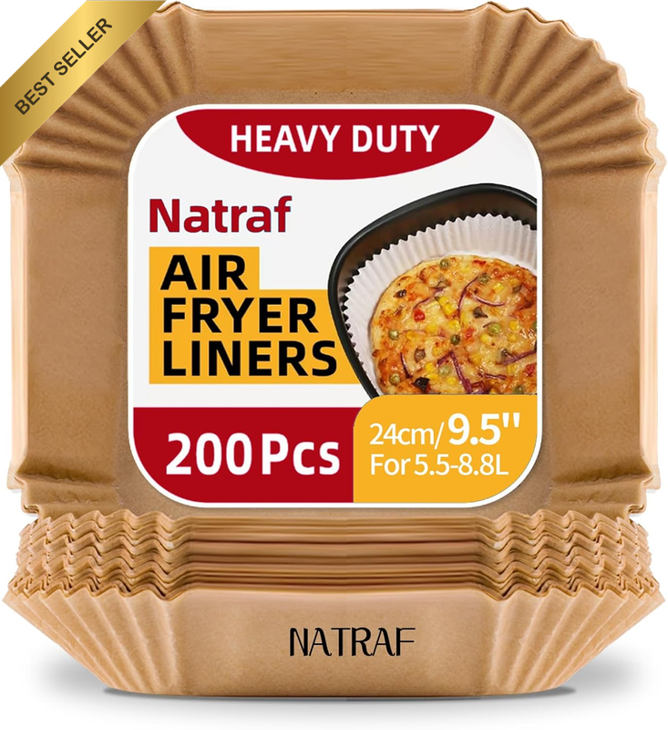 200 Pack 24Cm/9.5Inch Square Large Heavy Duty Air Fryer Liners Disposable, 5.5-8