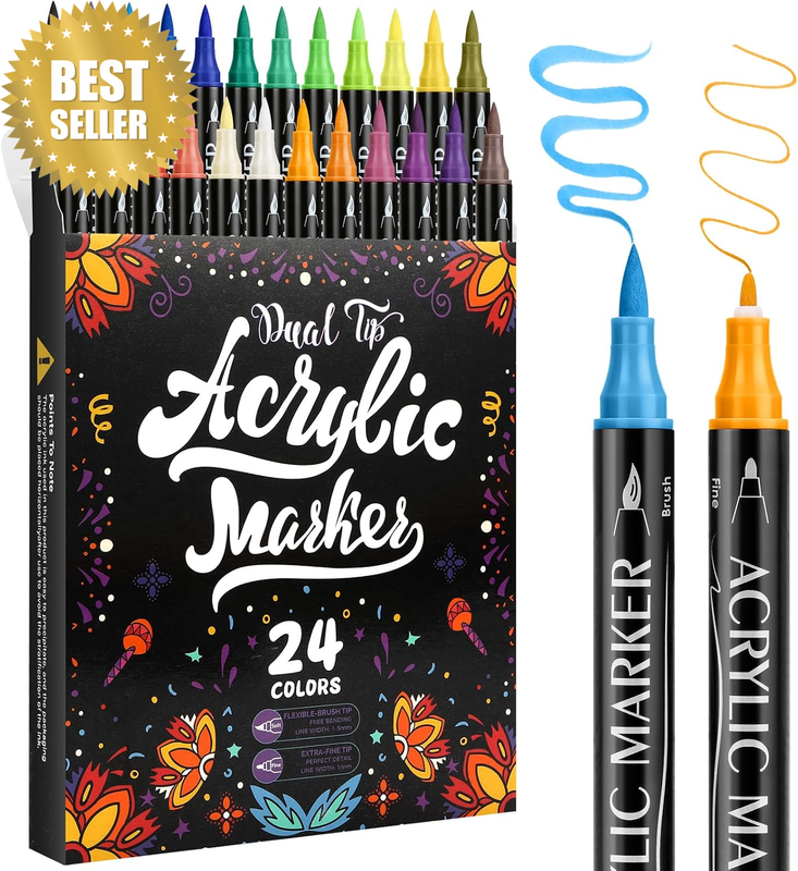 24 Colors Acrylic Paint Markers, Dual Tip Art Pens Brush & Fine 1.5Mm,Perfect fo