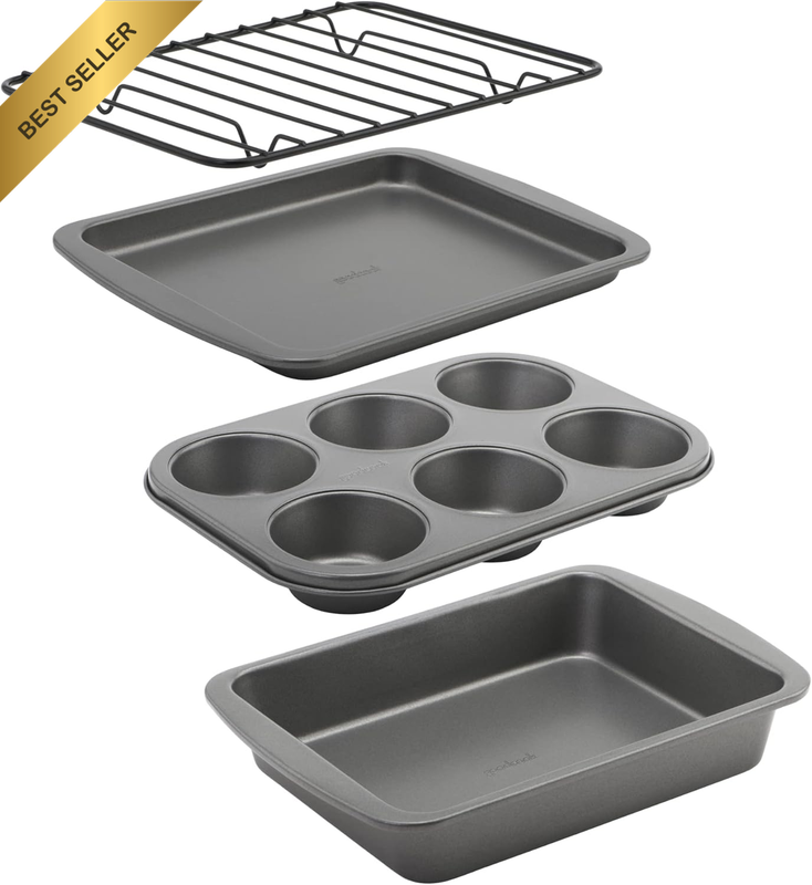 4-Piece Nonstick Steel Toaster Oven Set with Sheet Pan, Rack, Cake Pan, and Muff