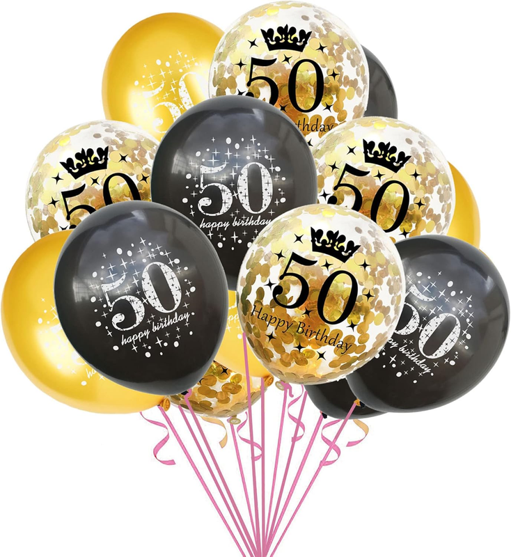 50Th Birthday Balloons Black and Gold 50Th Birthday Decorations Latex Confetti B