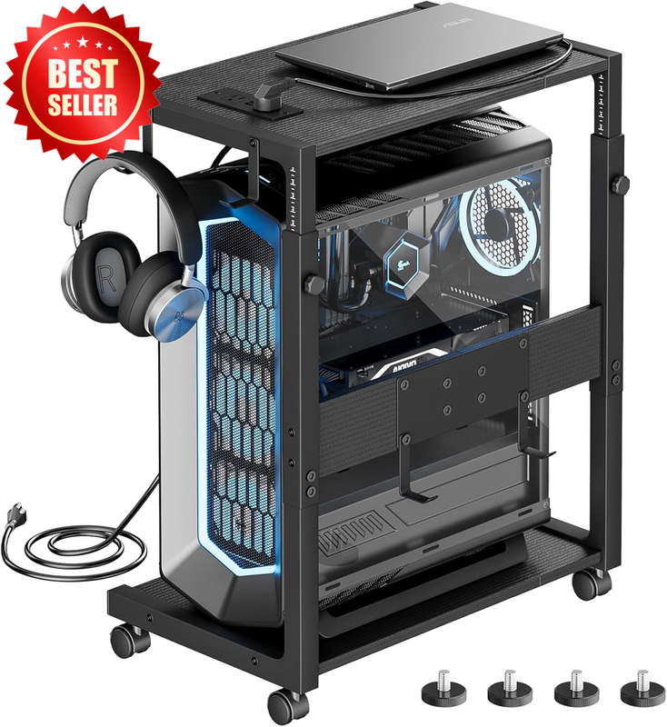 Adjustable Computer PC Tower Stand CPU Holder Cart Charging Station US