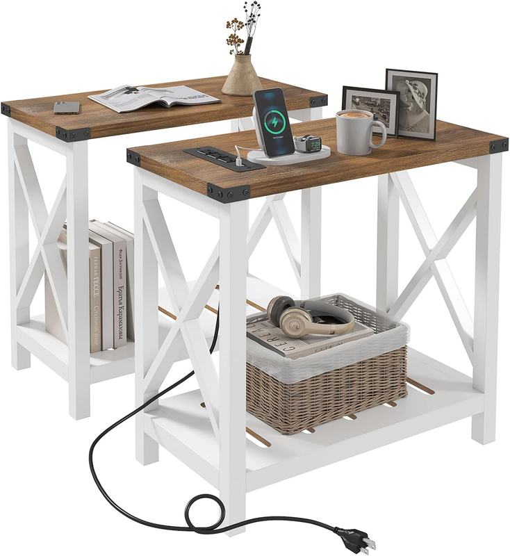 Farmhouse End Table Set of 2, Narrow Side Table with Charging Station, Slim Nightstand for Small Space, Skinny Bedside Table, Sofa Side Table with Open Storage Shelf, White & Brown
