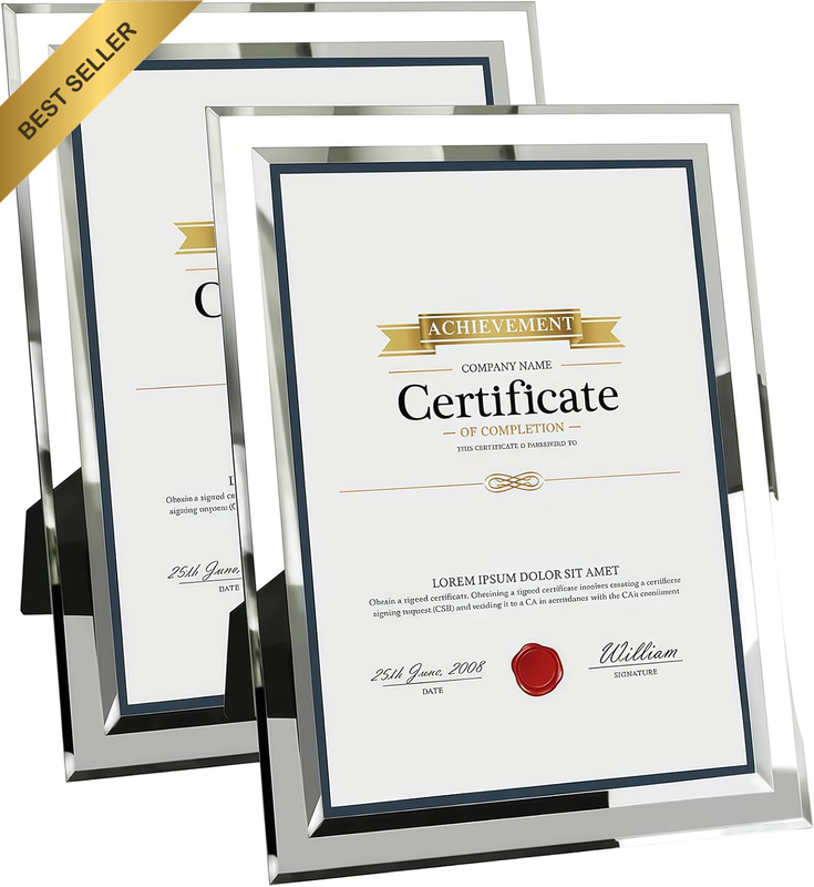 2 PCS A4 Glass Photo Frame Silver Tabletop（9 * 13.5 Inch） | Picture Frame for Ce