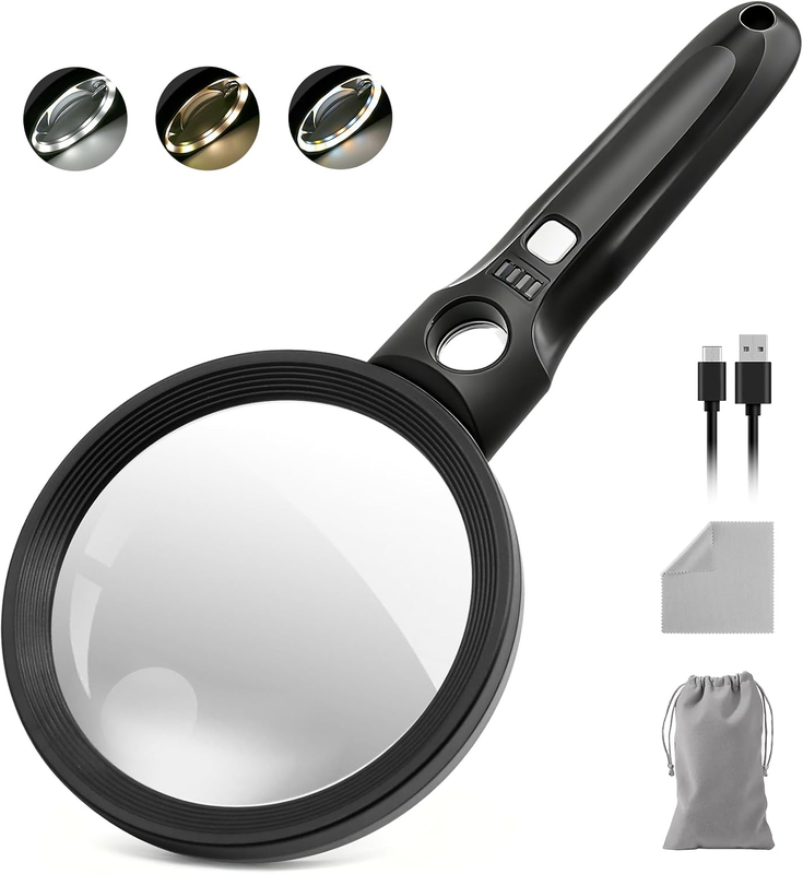 10X Magnifying Glass with Light, Large Rechargeable Magnifier, Black | Lighted M