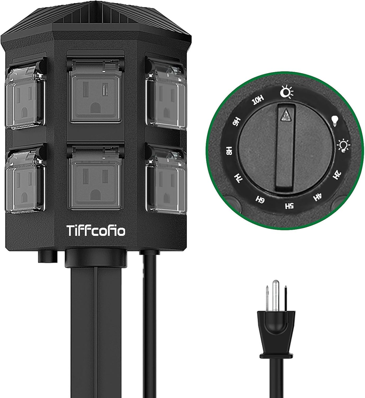 Outdoor Power Strip Timer Dusk to Dawn 6FT Cord 6 Outlets Wate...